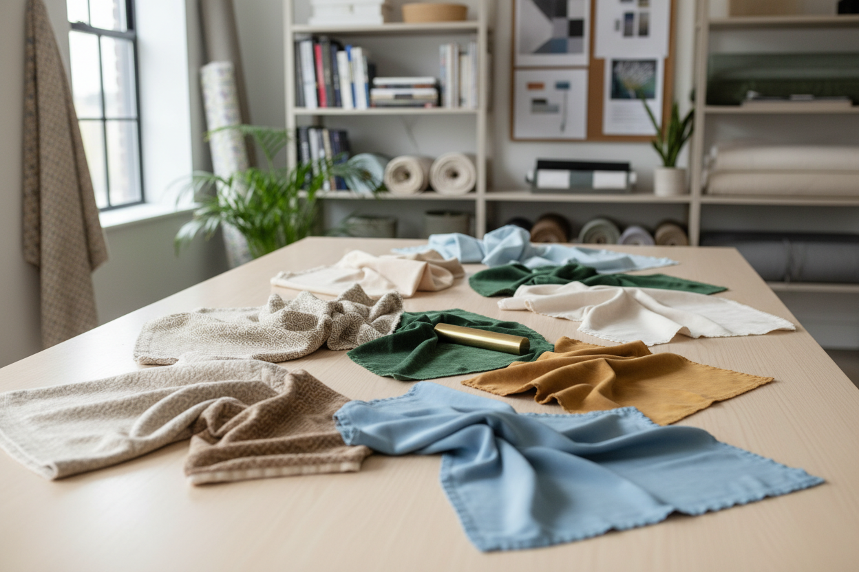A modern designer studio setting for a fabrics hero image. A clean light wood table with neatly arranged fabric swatches in warm neutrals, muted greens, and soft blues. Textures include woven, patterned, and smooth textiles, suggesting variety and luxury. In the background, a softly blurred office studio scene with shelves, mood boards, or rolls of fabric adds context without distraction. Natural light streams across the table, highlighting the richness of the fabrics. The atmosphere is elegant, professiona