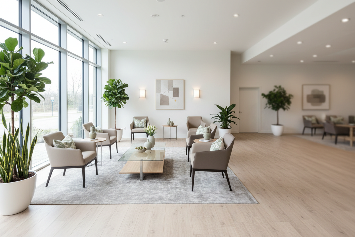 *A spacious healthcare or senior living lounge featuring elegant Belgian furniture, including modern armchairs and a sleek coffee table arranged in a conversational layout. The room is bathed in natural light from large windows, with warm neutral tones like beige, taupe, and soft gray complemented by subtle green accents in plants or decor. The flooring is light wood, and the walls are clean and minimal, creating a calm, upscale atmosphere. The composition includes an open area w soft focus for overlay text