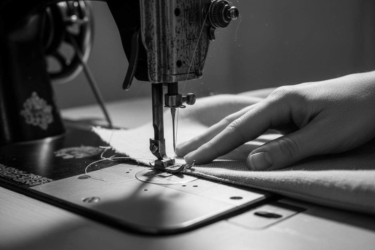 black and white photo of sewing machine close up -see hand stiching