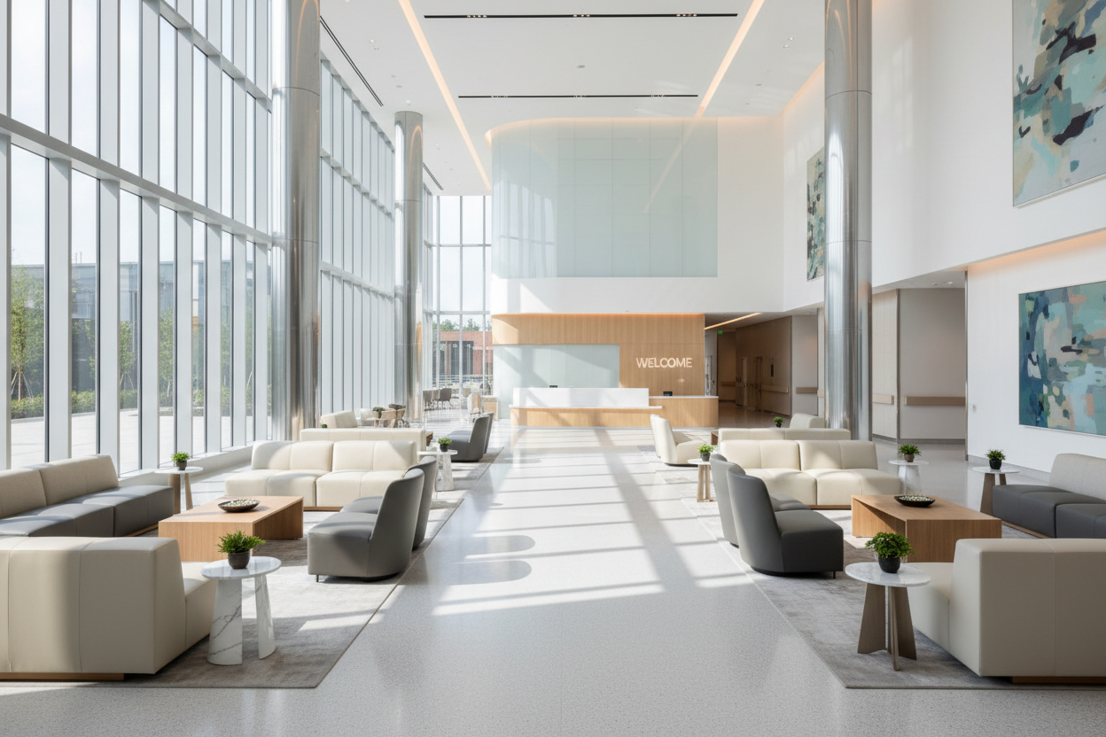 sofa seating plus lounge seating in grand hospital lobby, modern